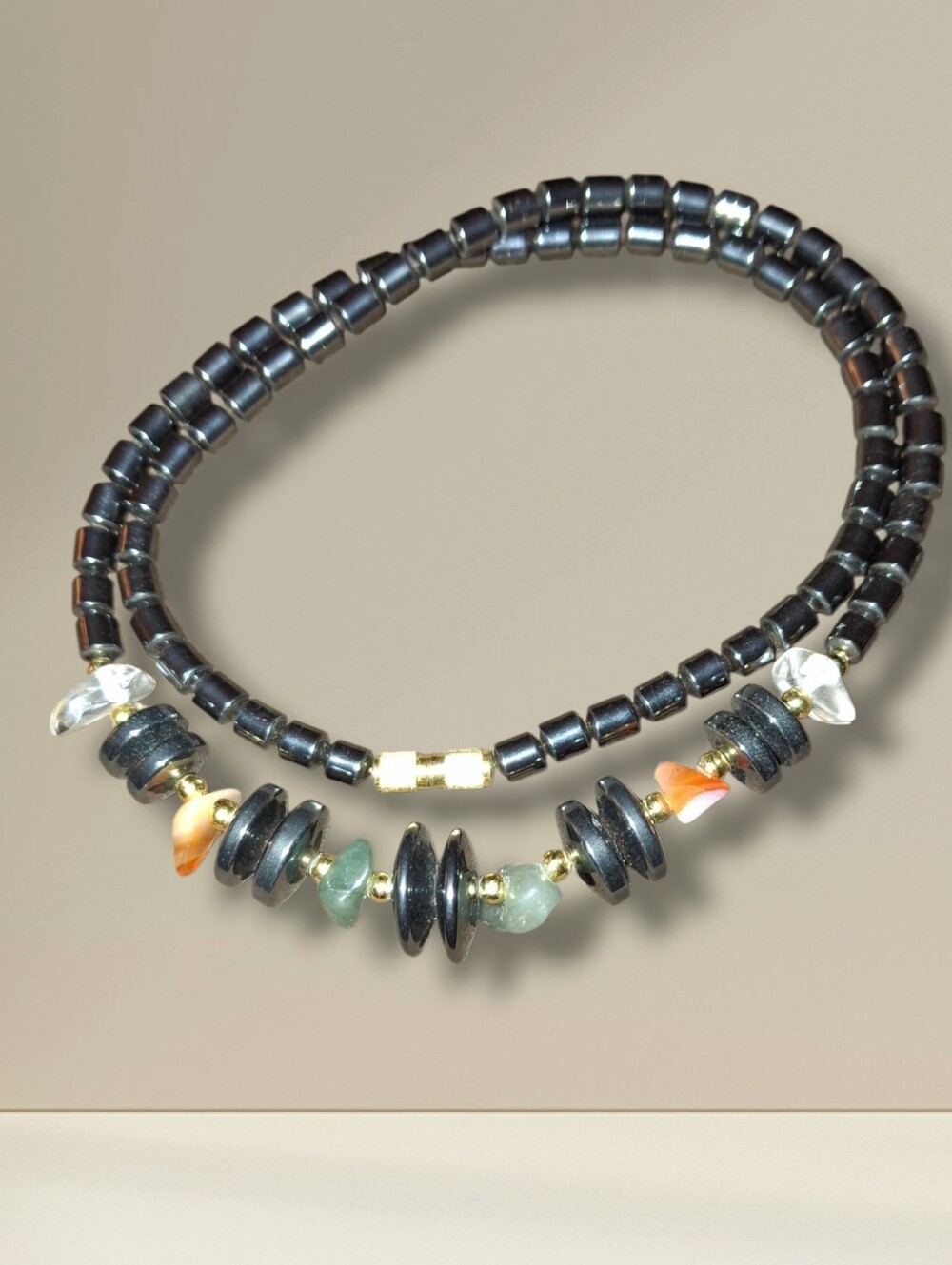 hematite & gemstone beaded necklace unisex Barrel Clasp Choker Collar